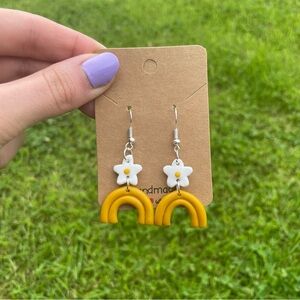 Polymer Clay Daisy Yellow Rainbow Earrings